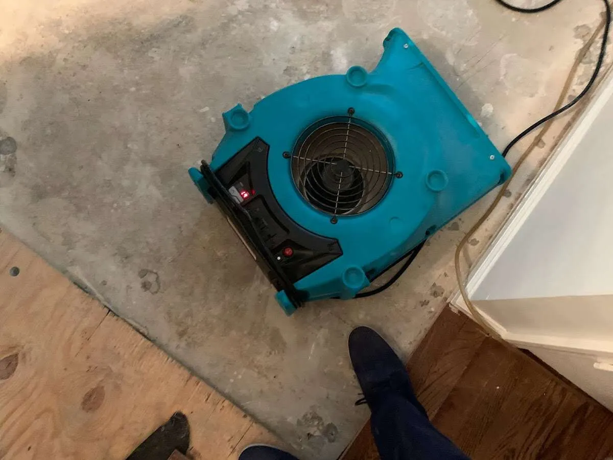 Air mover drying subfloor during Leak Detection & Repair in Mount Pleasant